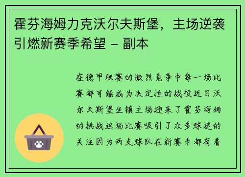 霍芬海姆力克沃尔夫斯堡，主场逆袭引燃新赛季希望 - 副本