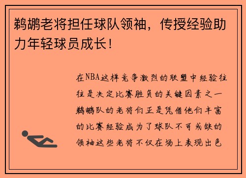 鹈鹕老将担任球队领袖，传授经验助力年轻球员成长！