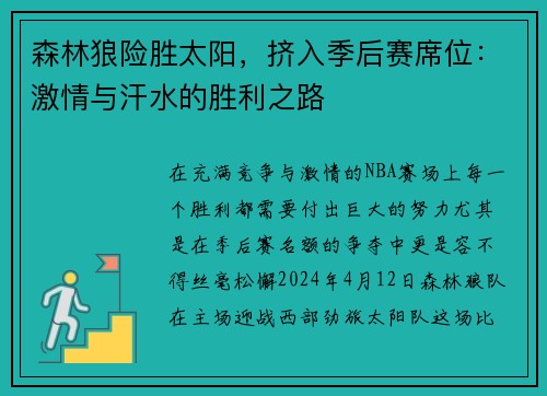 森林狼险胜太阳，挤入季后赛席位：激情与汗水的胜利之路