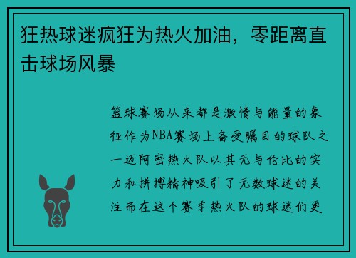 狂热球迷疯狂为热火加油，零距离直击球场风暴