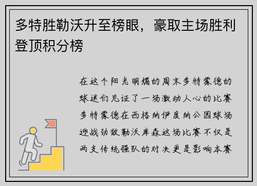 多特胜勒沃升至榜眼，豪取主场胜利登顶积分榜