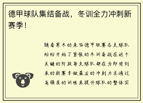 德甲球队集结备战，冬训全力冲刺新赛季！