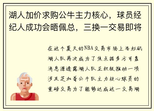 湖人加价求购公牛主力核心，球员经纪人成功会晤佩总，三换一交易即将敲定